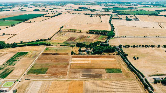 An aerial view of fields in the UK during a drought.
