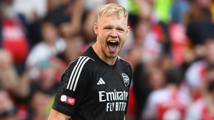 Goalkeeper Aaron Ramsdale reacts after making a save for Arsenal