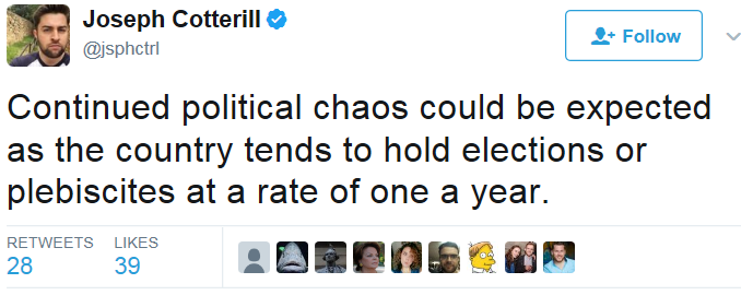 Tweet predicting "continued political chaos"