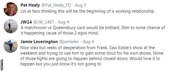 Boxing fans on Twitter don't think promoters Eddie Hearn and Frank Warren can work together, with one fan saying their egos will get in the way