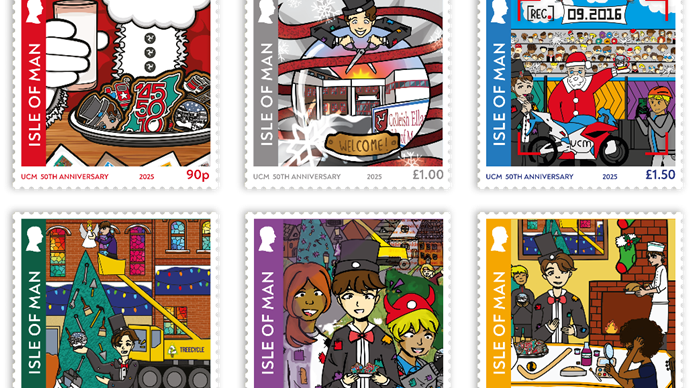A colourful collection of six stamps, a green one has a Christmas tree with tools as decorations, a yellow construction van is in the background, another has a Santa on a bike and another has a a Santa drinking milk and eating,