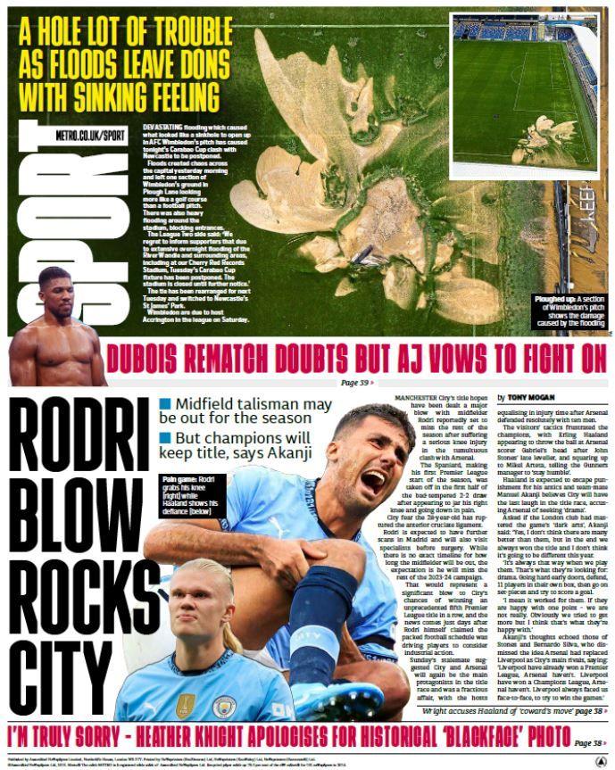 Metro back page - 'Rodri blow rocks City'