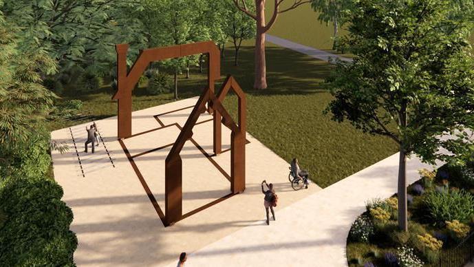 Artist impression of replacement for Preston Park lodge. It shows an elevated view of three steel allow girder frames, roughly replicating the existing lodge which will be demolished. Four people, including a man in a wheelchair, are depicted on the flat paved area around it, which includes a set of rails and paving stone sleepers at the top right hand corner 