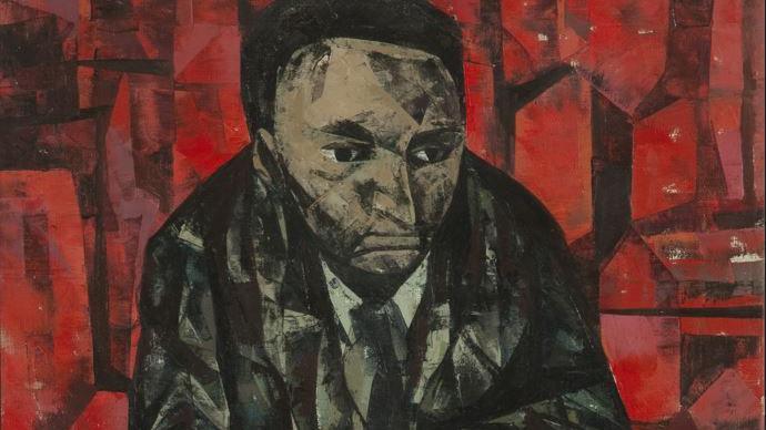 A painting of a man wearing a dark suit against a red background.