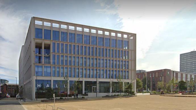 A Google Maps screenshot of Sunderland City Hall, where the coroner's court is based. The concrete building features full-height widows across the length of each floor.