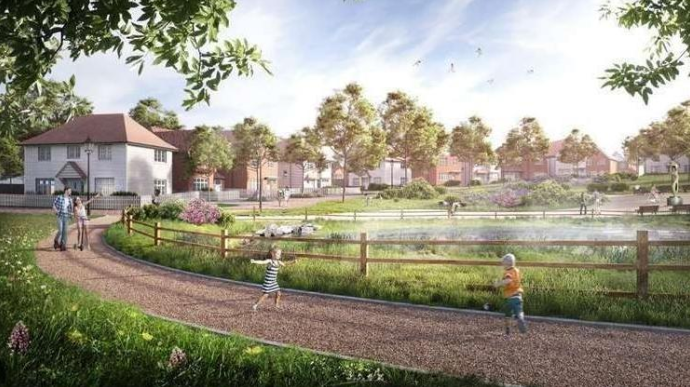 A computer generated image of a row houses by a pond, with two children playing in the foreground, while their parents look on. 