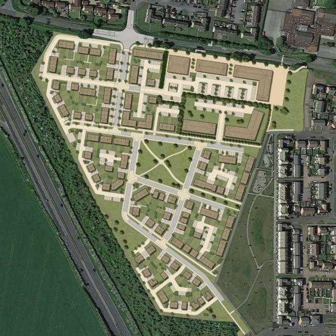 An illustrated aerial view of a residential neighbourhood. It features housing blocks, green spaces, paths, and roads. It is surrounded by buildings, roads, and open fields.