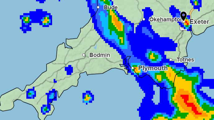 A screenshot of the Met Office map at 20:30 BST. It shows where in the south west will be affected by rain. The map is green and the marks for rain are blue, yellow and red, showing the severity.