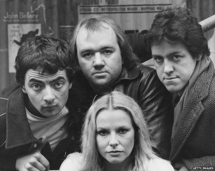 (l-r) Rowan Atkinson, Mel Smith and Griff Rhys Jones with New Zealand-born comedian Pamela Stephenson (below)