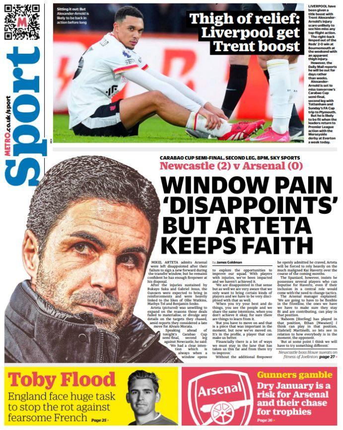 Metro back page - 'Window pain disappoints but Arteta keeps faith'