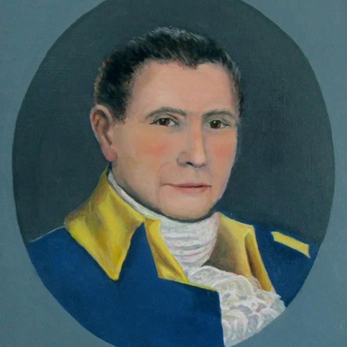 A painting of a man with slicked-back hair wearing an 18th Century blue military uniform with a white ruff.