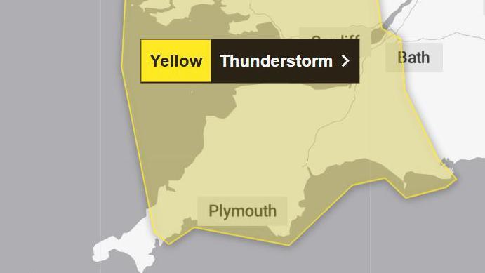 A weather map of the South West of England which shows a yellow thunderstorm warning. The map shows city's such as Plymouth, Bath & Cardiff.