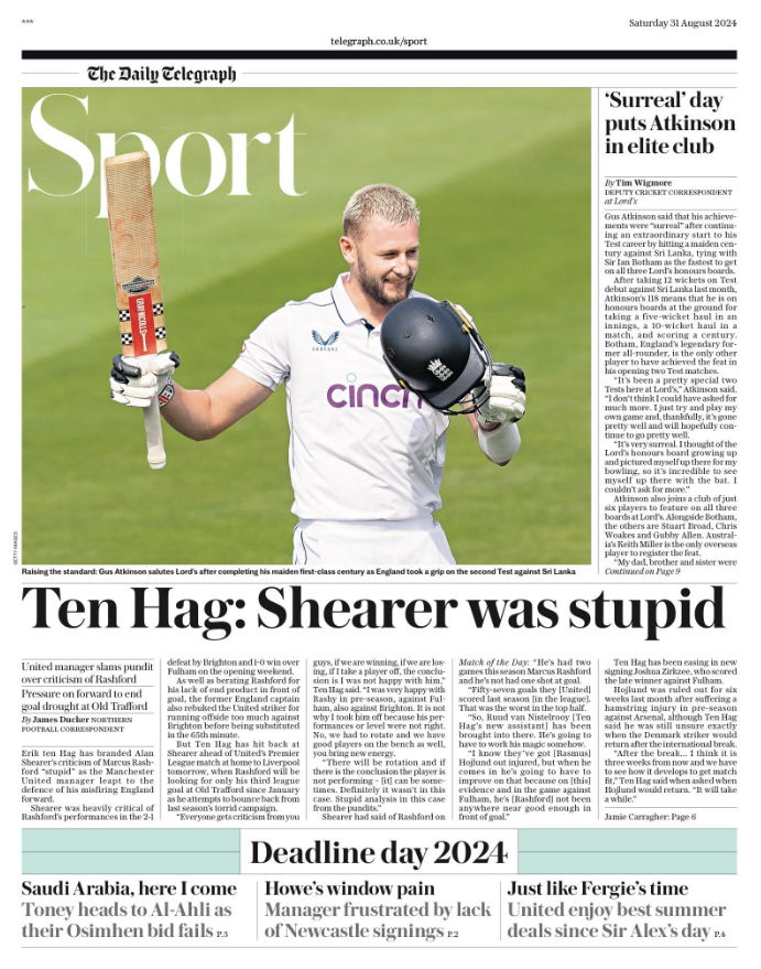 Front page of the Telegraph's sports section