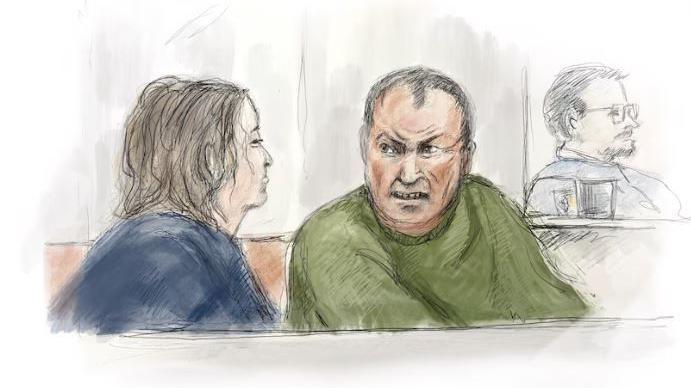 A courtroom sketch of Anne and Robert Geeves