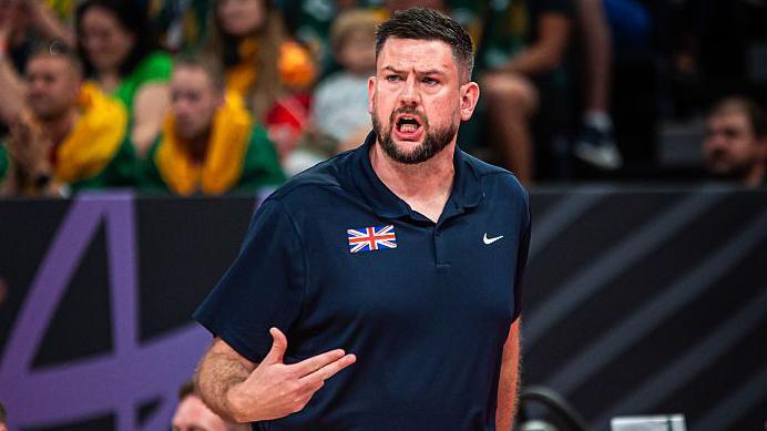 Marc Steutel (head coach of Great Britain) reacts intensely on the sidelines during the Group B Fiba Eurobasket 2025 game between Great Britain v Lithuania 