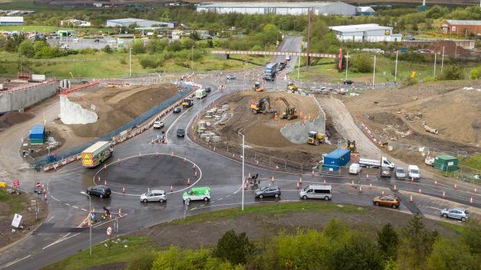 An aerial view of the Dowlais Top roundabout during construction of the Heads of the Valleys upgrade