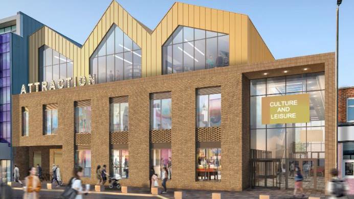 An artist's impression of how the new attraction in Redcar would look like. It  has large floor-to-ceiling windows on the first two floors and three pitched roof structures, also with large windows looking over the main street, on the top floor.