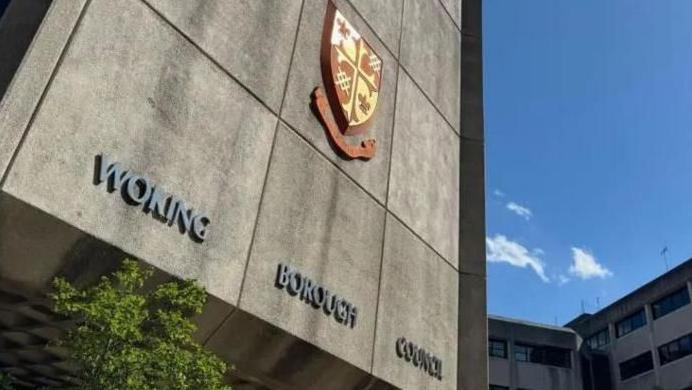 A close-up of a concrete building with "Woking Borough Council" and a crest lettering attached to wall. There is a small tree in front and bright blue sky behind.