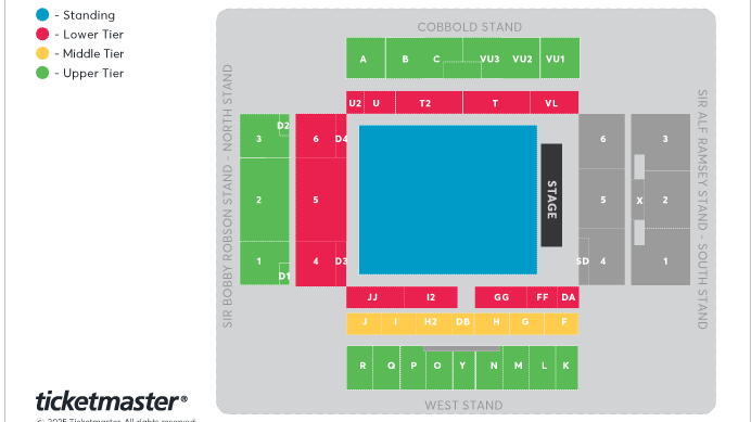A aerial illustration of the seating arrangements inside Portman Road.