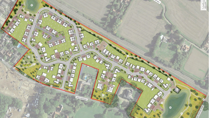 The layout of the proposed new estate, superimposed over a satellite view of the land