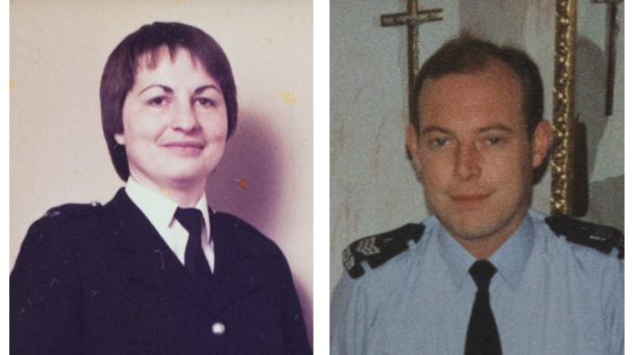 two photos side by side of a young woman police officer and a young male officer, both in uniform in pictures taken in the early 1980s