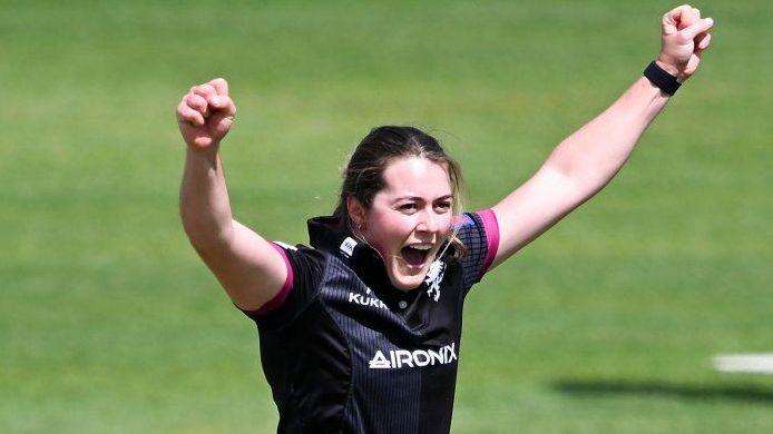 Somerset bowler Ellie Anderson celebrates a wicket against Durham at Taunton.
