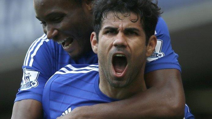 Diego Costa celebrates scoring Chelsea's second goal against Arsenal