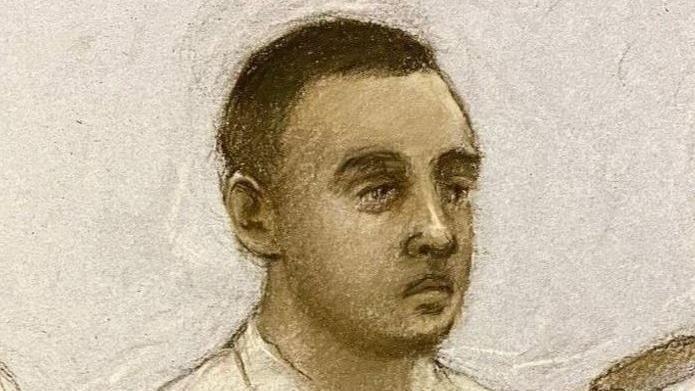 An artist's sketch of Nasen Saadi in the courtroom, showing his short, dark hair and a thin moustache