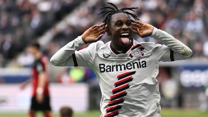 Jeremie Frimpong celebrates scoring a goal for Bayer Leverkusen against Eintracht Frankfurt