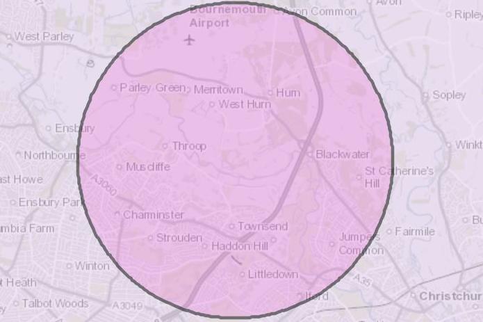 Map in pale purple with area circled in darker purple showing a controlled zone after an outbreak of bird flu.