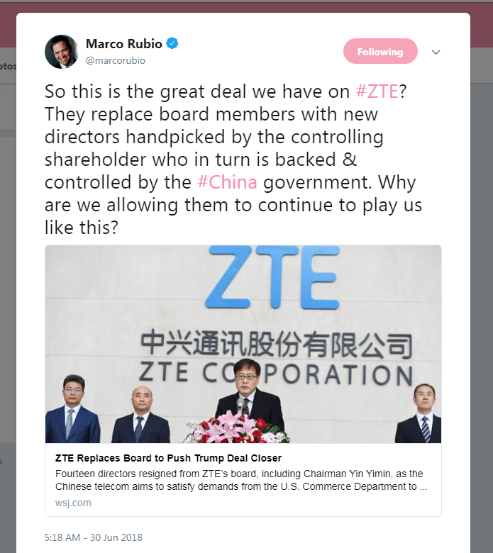 New York Democrat and Senate Minority Leader Chuck Schumer together with fellow senators Tom Cotton (R., Ark.), Marco Rubio (R., Fla.), and Chris Van Hollen (D., Md.), are attempting to maintain the ban on ZTE