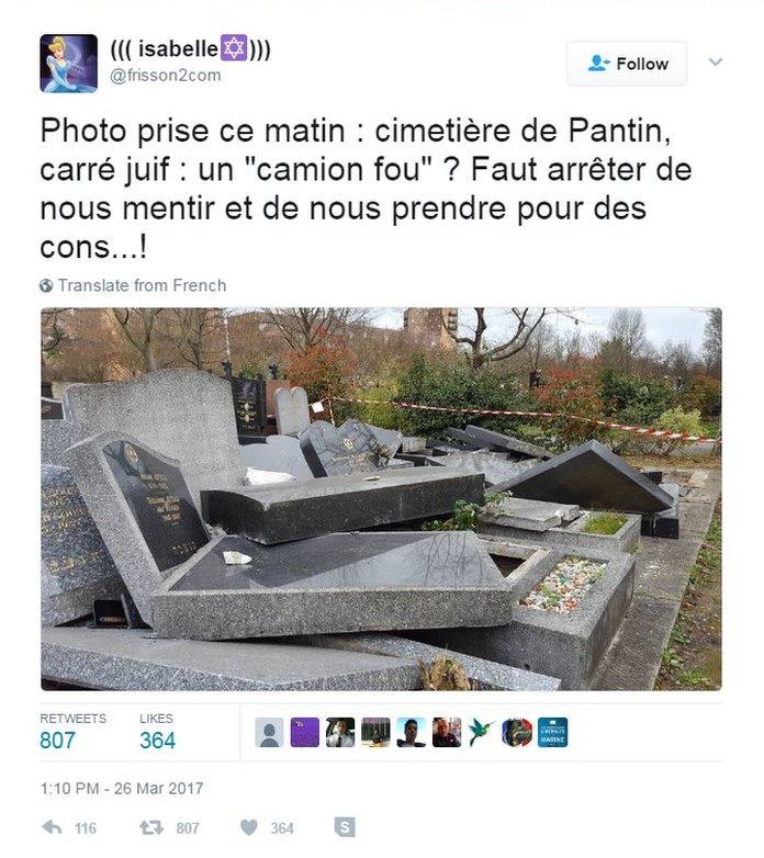 Screenshot of a tweet rejecting claims that the tombs were damaged by a wayward truck