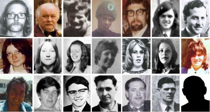 A photo composite of the 21 pub bombings victims, from 50 years ago - there are both colour and black and white shots