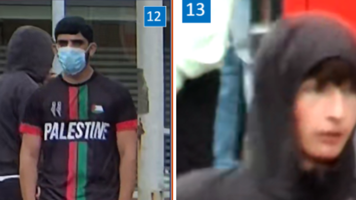 Images from CCTV of two men, one in a surgical face mask, the other has his face uncovered