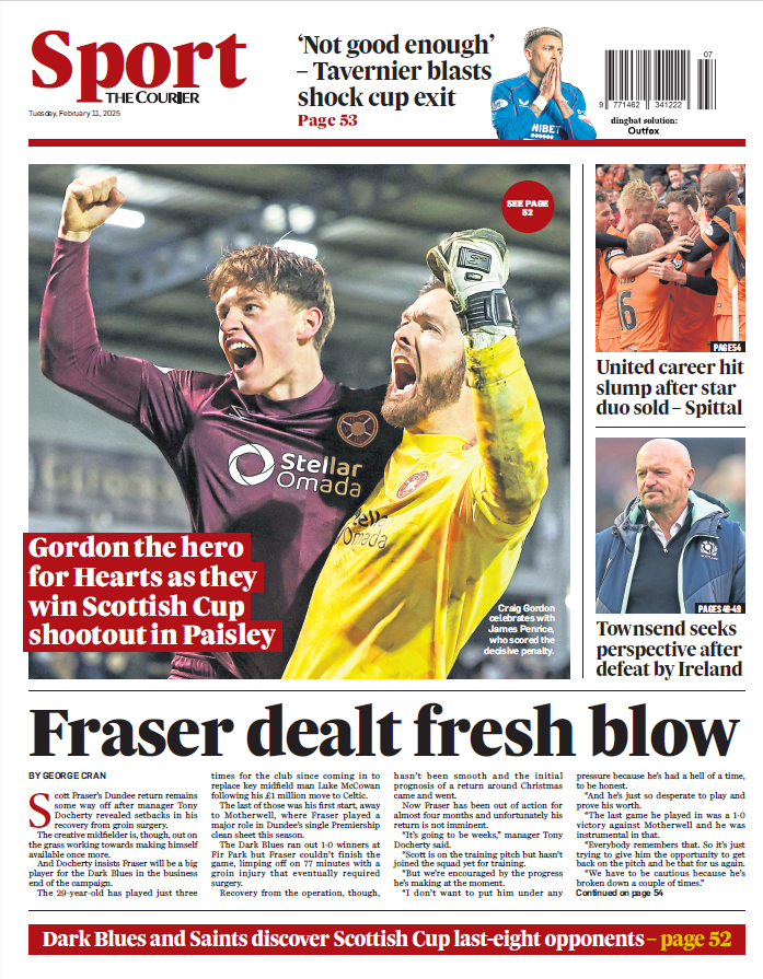 Courier back page with a picture of James Penrice and Craig Gordon celebrating after sending Hearts through in the Scottish Cup