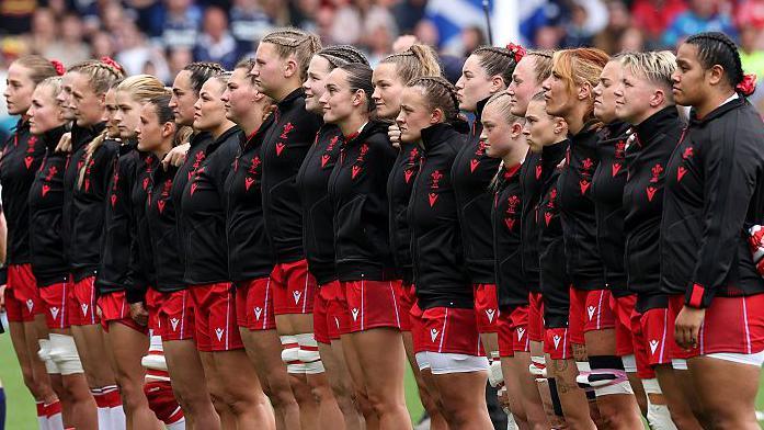 Wales line up for the national anthem at the Women's Rugby World Cup