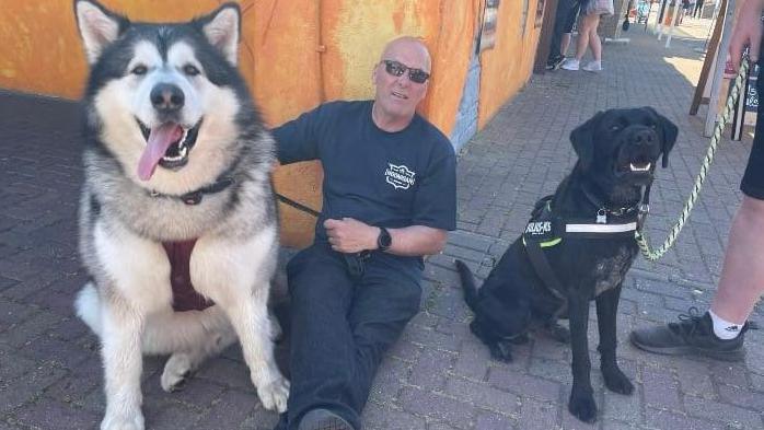 Mal the dog sat next to a man, who is also sat down on the pavement, they are both also next to a black Labrador. Mal is a large white and black fluffy dog with a big black nose and brown eyes.