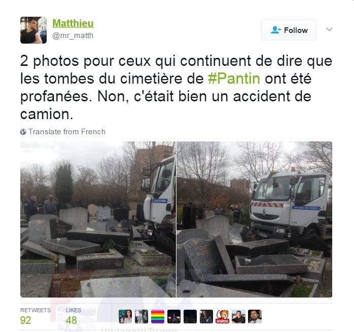 Screenshot of tweet showing that the tombstones were not desecrated and were accidentally hit by a truck