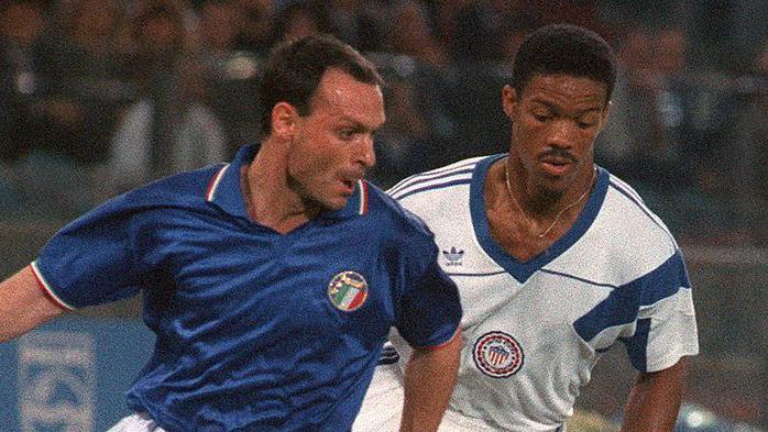 Desmond Armstrong tracking Salvatore Schillaci at the 1990 World Cup in Italy