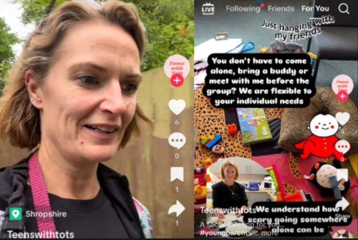 Two images taken from TikTok posts side by side. The post on the left shows a woman talking while walking down the street, she has short blonde hair and there is a fence in the background. The post on the right is a collage that includes a photo of a baby matt, a cartoon image of a baby, and a photo of the same woman.