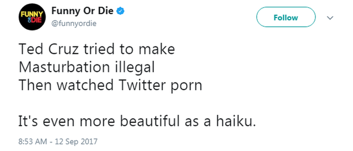 A poem posted by @funnyordie commented on the Senator's attempt to ban masturbation