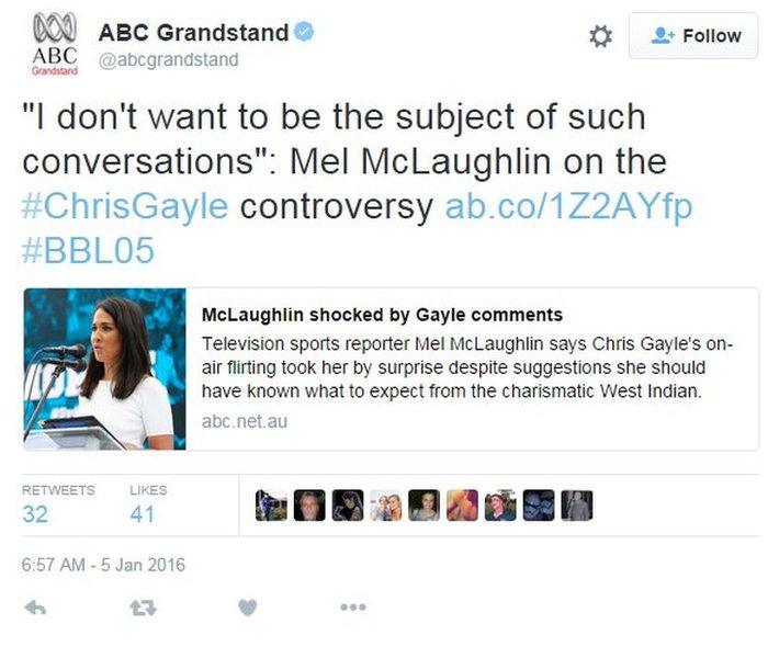 ABC Grandstand tweet: "'I don't want to be the subject of such conversations': Mel McLaughlin on the #ChrisGayle controversy."