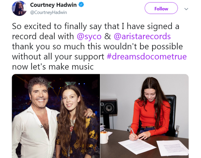 Screengrab of tweet from Courtney Hadwin