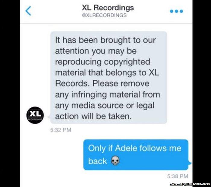 Screengrab of a message from Adele's recording label.