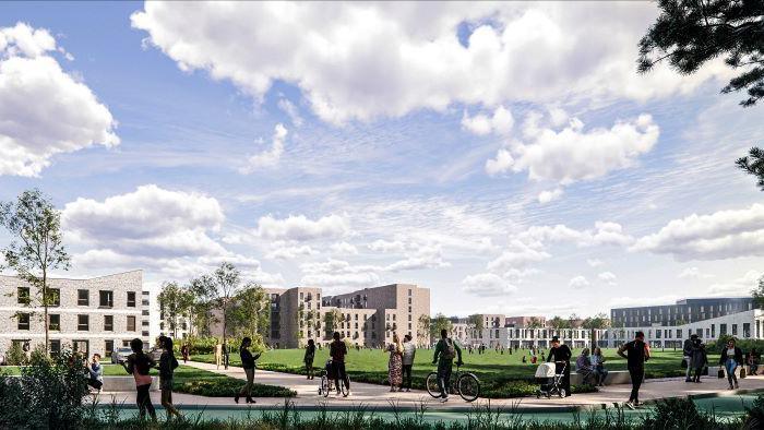 Artist impression of new blocks of flats and offices surrounded by footpaths and greenery. People are walking and cycling on the paths.