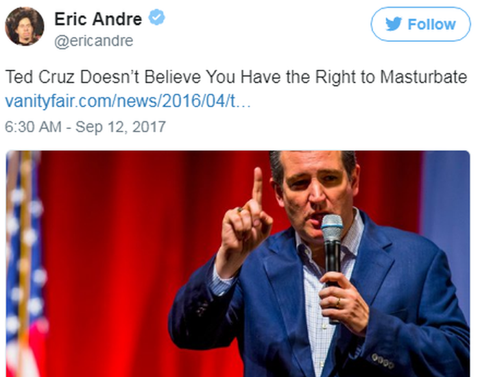 A tweet pointing out Ted Cruz's previous opposition to masturbation