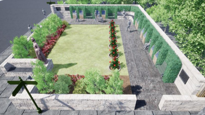 An artist's impression of the plans for the garden in St Andrews. There is a statue of Mary, Queen of Scots on the left side. There is a central patch of grass surrounded by flowers and trees in red and green. A white wall surrounds the garden.