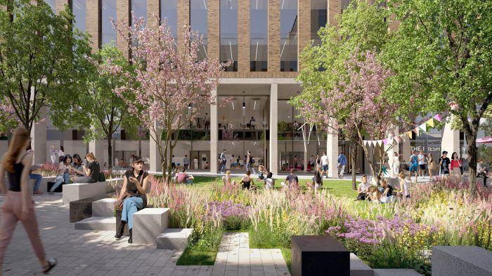 An artist's drawing of a green lawn with flowers and trees. There is paving and large stones which people are sitting on. In the background is a university building