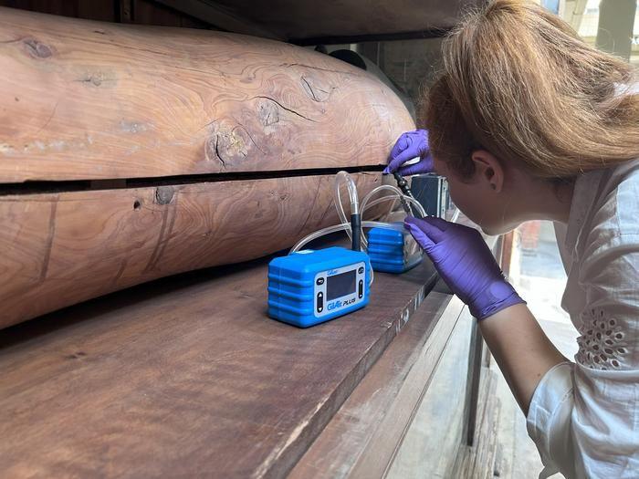 Researcher collecting smell sample from mummy. 