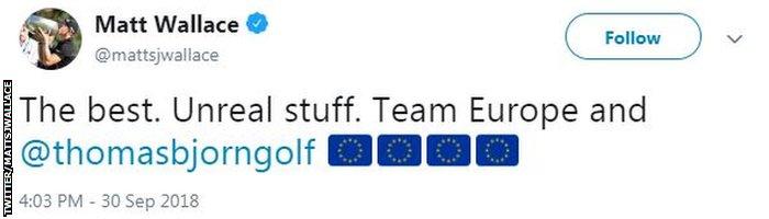 Matt Wallace tweet praising the European team on their Ryder Cup success